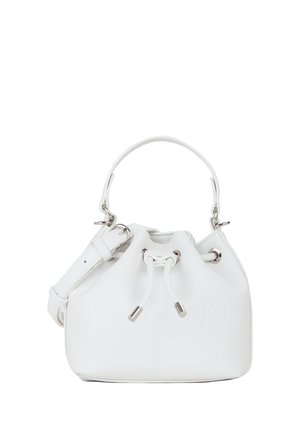 Borsa secchiello in pelle bianca con chiusura a coulisse, dettagli in metallo color argento e tracolla staccabile. Logo in rilievo sul davanti.