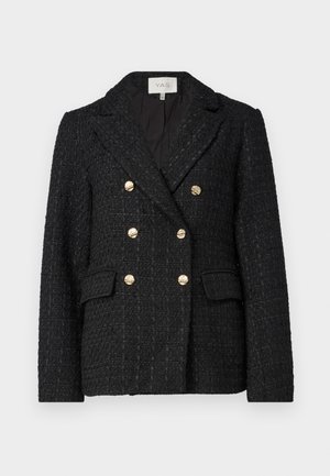 Μαύρο σακάκι από tweed με διπλό κούμπωμα, χρυσές λεπτομέρειες στα κουμπιά, σχεδιασμένα πέτα και δύο μπροστινές τσέπες. Υφασμάτινη υφή.