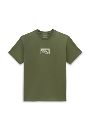 Olive green cotton t-shirt with short sleeves and rounded neck. Features a white checkered square logo on the chest. Smooth texture.