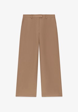 Beige Hose mit weitem Bein, Gürtelschlaufen, Fronttaschen und verdecktem Verschluss.