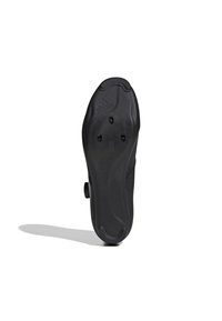 Black athletic shoe sole with a textured surface, featuring a circular adjustment dial, cleat inserts, and an Adidas logo.