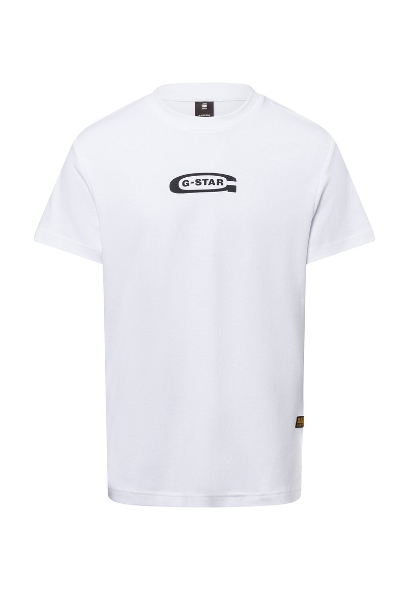 Hvid bomulds T-shirt med et sort "G-STAR" logo i midten, korte ærmer, rund hals og et lille gult mærke i nederste venstre hjørne.