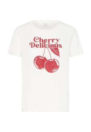 Valkoinen puuvillainen T-paita, jossa on punainen vintage-tyylinen grafiikka teksteillä "Cherry Delicious" ja kaksi kirsikkaa lehtineen.