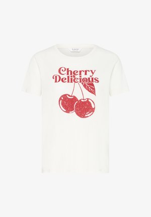 Wit katoenen T-shirt met een rood vintage-achtige afbeelding met de tekst "Cherry Delicious" en twee kersen met bladeren.