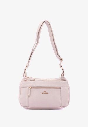 Borsa a tracolla beige chiaro realizzata in pelle sintetica testurizzata, dotata di un ampio scomparto principale con zip, tasca frontale e accessori in tonalità oro.