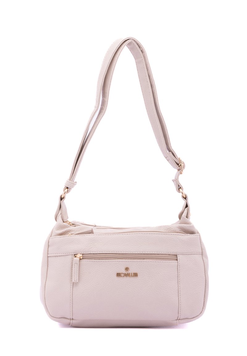 Borsa a tracolla beige chiaro realizzata in pelle sintetica testurizzata, dotata di un ampio scomparto principale con zip, tasca frontale e accessori in tonalità oro.