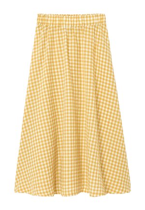 Jupe trapèze à carreaux jaunes et blancs avec taille élastique et ourlet mi-long.