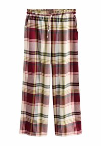 Plaid wide-leg pants featuring a mix of burgundy, cream, and green colors. Elastic waistband with drawstring. Soft fabric and loose fit.
