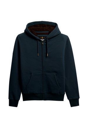 Sudadera con cremallera de color navy, forrada de felpa, con capucha ajustable, dos bolsillos frontales y puños y dobladillo acanalados. Detalles en dorado en la cremallera.