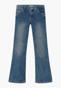 Flared denim jeans in medium blue wash, featuring front pockets, belt loops, and a button closure. Soft texture with faded detailing.