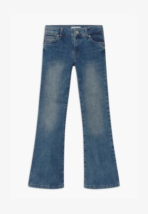 Uitlopende denim jeans in een middelblauwe wassing, met voorzakken, riemlussen en een knoopsluiting. Zachte textuur met vervaagde details.