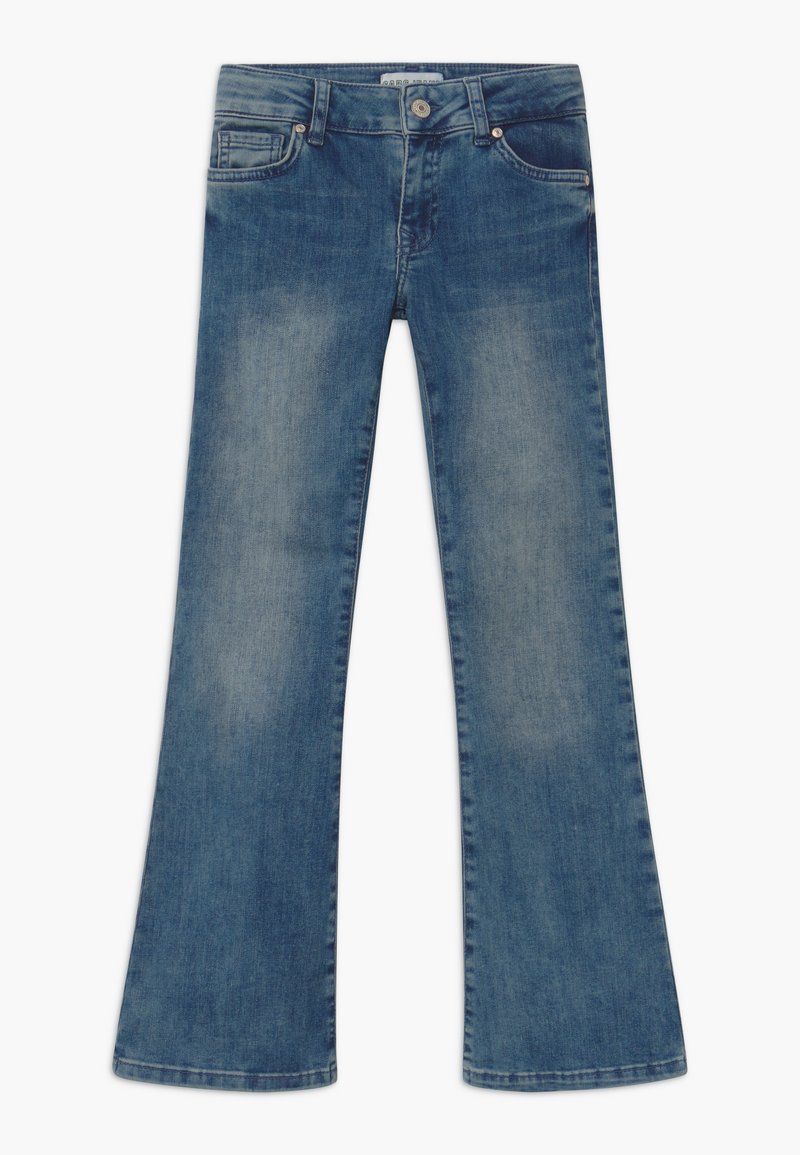 Flared denim jeans in medium blue wash, featuring front pockets, belt loops, and a button closure. Soft texture with faded detailing.
