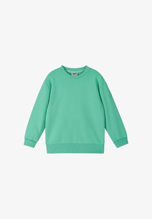Mintgrünes Sweatshirt mit langen Ärmeln und Rundhalsausschnitt, mit gerippten Bündchen an Ärmeln und Saum, flach auf weißem Hintergrund präsentiert.