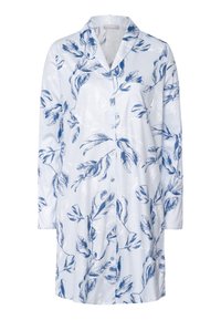 Camicia a maniche lunghe in tessuto blu chiaro con motivo a foglie bianche e blu, caratterizzata da una chiusura con bottoni e un colletto con scollatura.