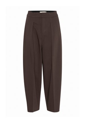 Brown pleated trousers with a high waistband, featuring a smooth, textured fabric and tapered legs, providing a relaxed fit.