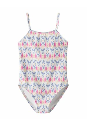 Maillot de bain une pièce pour filles avec des motifs en diamants rose, violet et jaune, et des bretelles fines ornées de perles blanches.
