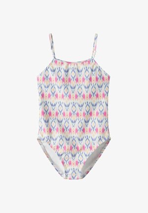 Maillot de bain une pièce pour filles avec des motifs en diamants rose, violet et jaune, et des bretelles fines ornées de perles blanches.