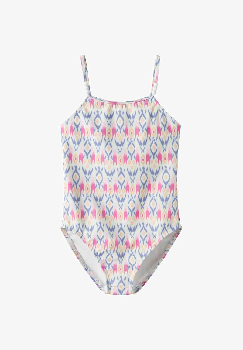 Maillot de bain une pièce pour filles avec des motifs en diamants rose, violet et jaune, et des bretelles fines ornées de perles blanches.