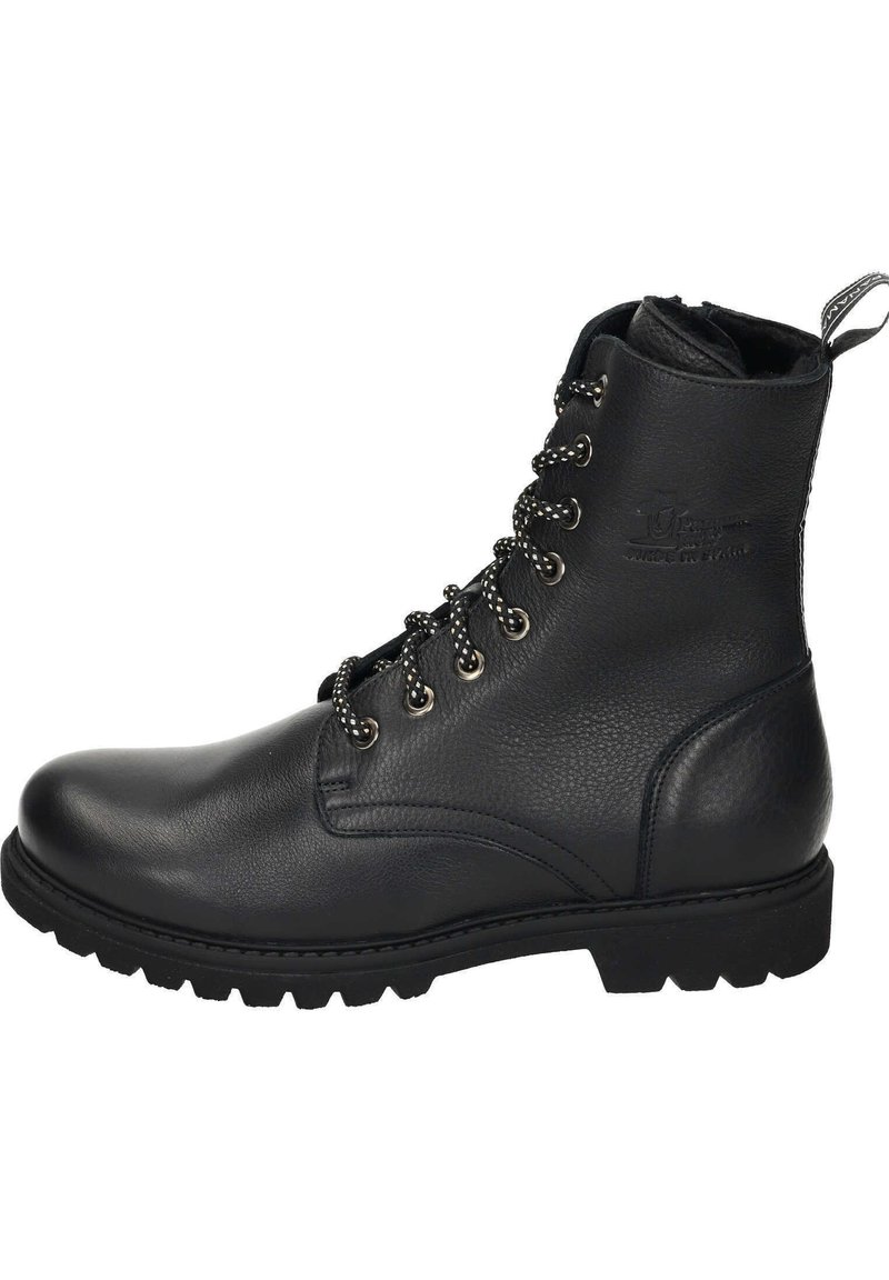Stivaletto in pelle nera con finitura liscia, punta rotonda, occhielli in metallo e lacci neri. Presenta una suola in gomma robusta per una migliore trazione.