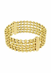 Bracciale in oro con perline che presenta più filamenti di perline rotonde lucide e una chiusura rettangolare incisa. Texture liscia, forma uniforme.