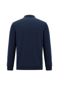 Marineblauwe sweatshirt met lange mouwen, een kraag en een geribde rand. Glad oppervlak, minimalistisch ontwerp, geen zichtbare patronen of accenten.