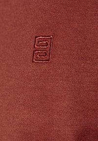 Rostfarbiges T-Shirt mit glatter Textur, das ein kleines gesticktes Logo in einer etwas dunkleren Farbe aufweist. Klassiker Rundhalsausschnitt.