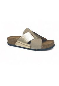 Beige en gouden slip-on sandaal met kruisbandontwerp, textuur bovenkant, kurken voetbed en blauwe zool. Geschikt voor casual gebruik.