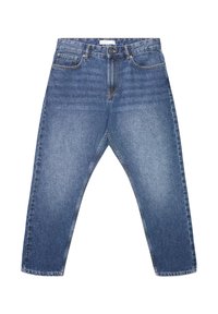 Jeans in denim con lavaggio dal blu chiaro al medio, con gambe dritte, design a cinque tasche e chiusura con bottone. Texture liscia con cuciture morbide.