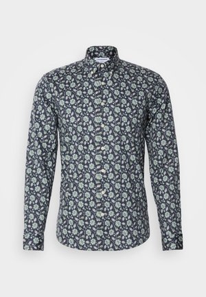 Langsleeve button-up shirt in marineblauw met een bloemenpatroon in groen en wit. Beschikt over een klassieke kraag en een gladde stofstructuur.