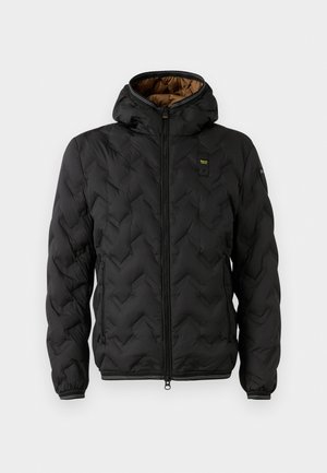 Black puffer jacket with a hood, featuring a quilted chevron pattern, zip front, and elastic cuffs. Brown interior lining and logo detail.