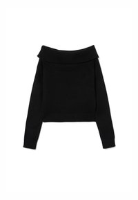 Maglione corto nero con design off-the-shoulder, scollatura e polsini a costine, realizzato in un morbido materiale lavorato a maglia.