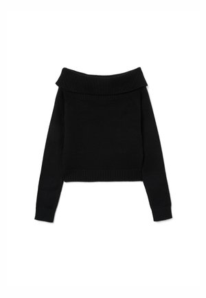 Zwarte cropped trui met een off-the-shoulder ontwerp, geribbelde halslijn en mouwen, gemaakt van een zachte brei stof.