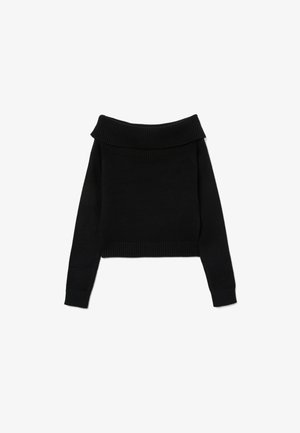 Zwarte cropped trui met een off-the-shoulder ontwerp, geribbelde halslijn en mouwen, gemaakt van een zachte brei stof.