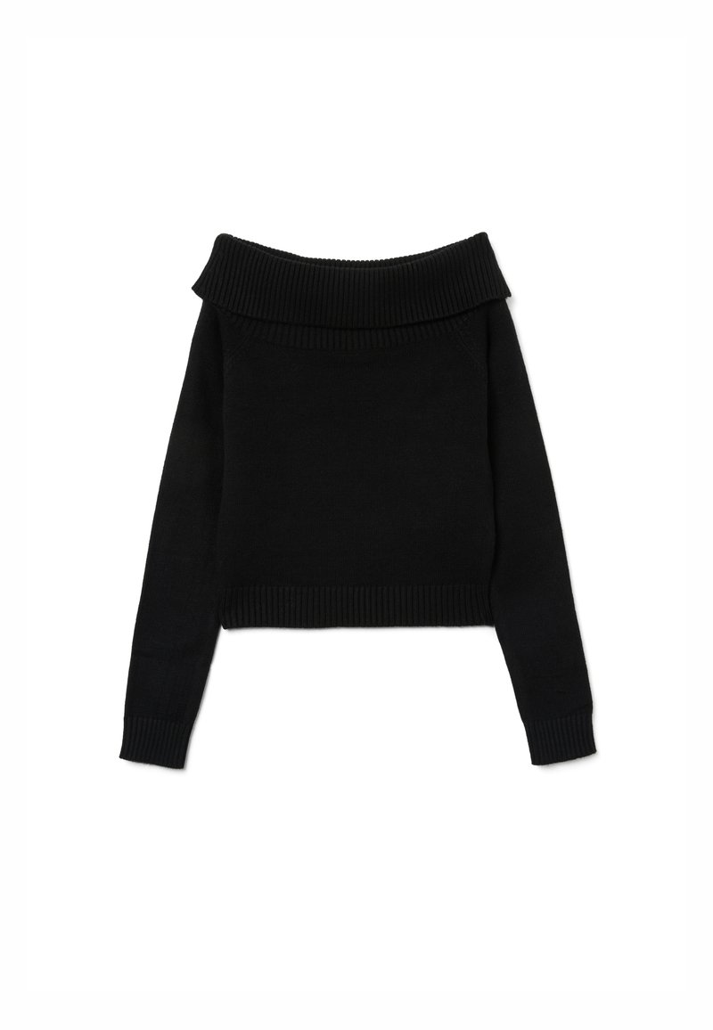 Maglione corto nero con design off-the-shoulder, scollatura e polsini a costine, realizzato in un morbido materiale lavorato a maglia.