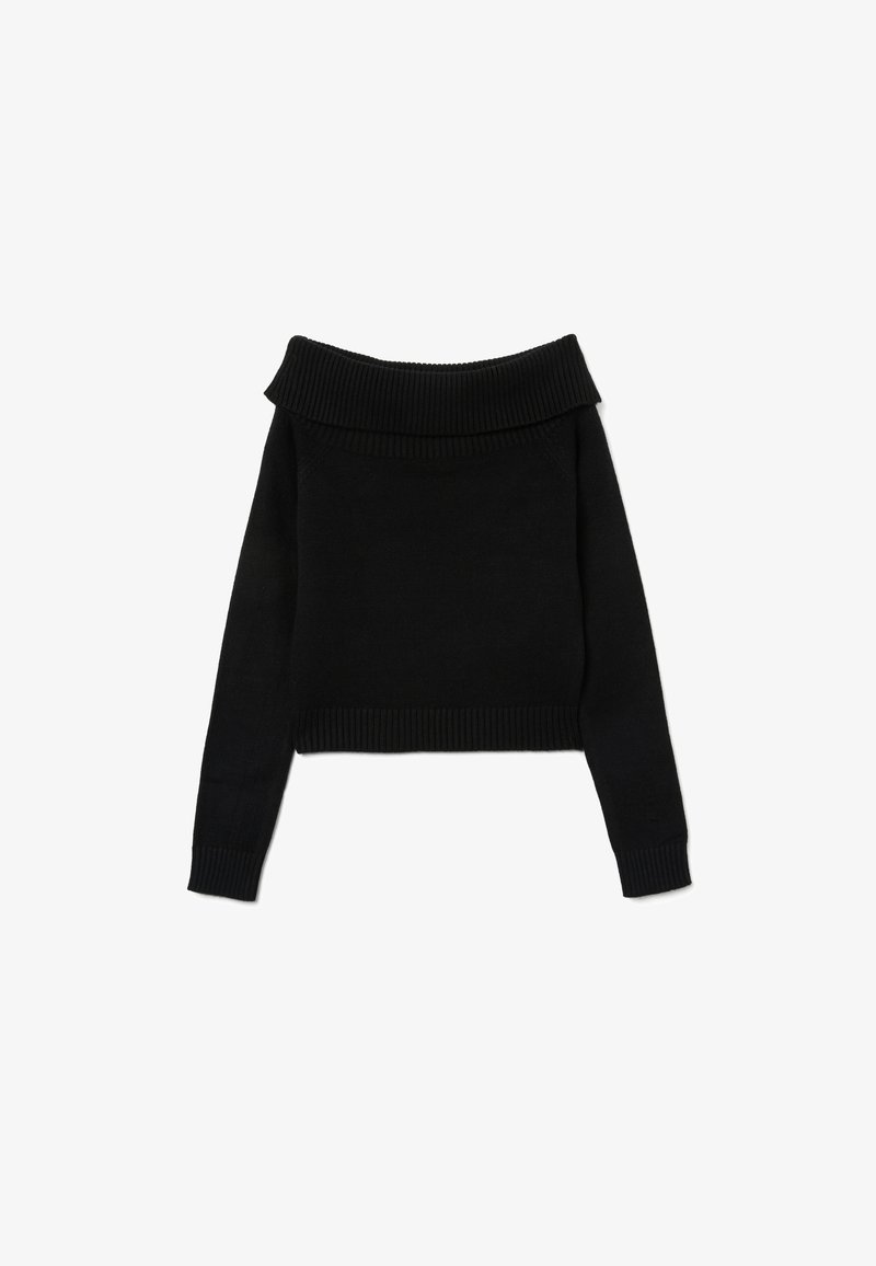 Maglione corto nero con design off-the-shoulder, scollatura e polsini a costine, realizzato in un morbido materiale lavorato a maglia.