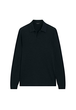 Zwarte polo met lange mouwen en een gestructureerde afwerking, met een kraag en een placket met twee knopen. Eenvoudig, gestroomlijnd ontwerp.