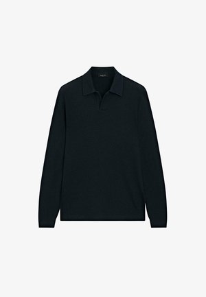 Black long-sleeve polo shirt with a textured finish, featuring a collared neckline and two-button placket. Simple, streamlined design.