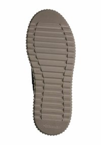Semelle de chaussure en caoutchouc gris avec une texture striée, présentant une forme arrondie et une empreinte du nom de la marque. Taille "37" visible sur le côté.