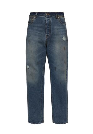 Jeans in denim di colore blu scuro con una vestibilità ampia, caratterizzati da dettagli strappati e macchie sbiadite. Design classico a cinque tasche con chiusura a bottone.