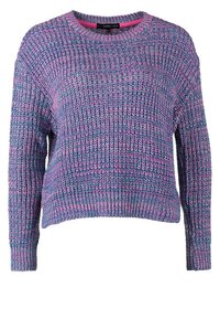 Maglione lavorato a maglia viola e rosa con scollatura rotonda, maniche lunghe e orlo a coste. Motivo testurizzato su tutta la stoffa.