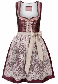 Burgunderfarbenes Kleid mit Spitzenüberschlag, Herz-Ausschnitt, dekorativer Schnürung und hellbeigem Satinband in der Taille. Filigrane Blumenmuster.