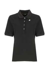 Polo shirt nera in cotone, con colletto, maniche corte, patta con tre bottoni e un logo sul lato sinistro del petto. Texture liscia.