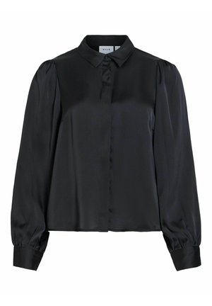 Schwarze Satinkleid-Bluse mit langen Ärmeln, verdeckten Knöpfen, gerafften Schultern und geknöpften Manschetten, mit klassischem Kragen.