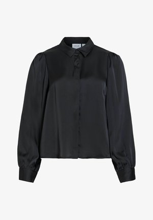 Schwarze Satinkleid-Bluse mit langen Ärmeln, verdeckten Knöpfen, gerafften Schultern und geknöpften Manschetten, mit klassischem Kragen.