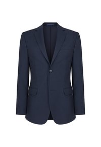 Granatowa marynarka męska zapinana na jeden guzik, z klapami typu notch, z dwoma przednimi kieszeniami z patkami oraz kieszenią na piersi, wyeksponowana na białym tle.