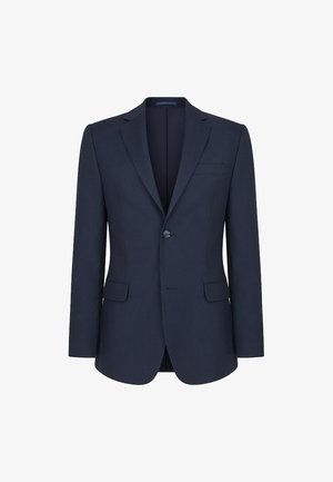 Granatowa marynarka wykonana z teksturowanej tkaniny, z wyciętymi klapami, zapięciem na jeden guzik oraz dwoma przednimi kieszeniami i jedną kieszenią na piersi.