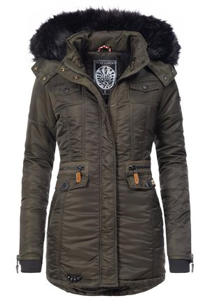 Olive green parka jacket with faux fur hood. Features zippered pockets, button accents, and quilted texture. Includes ribbed cuffs.