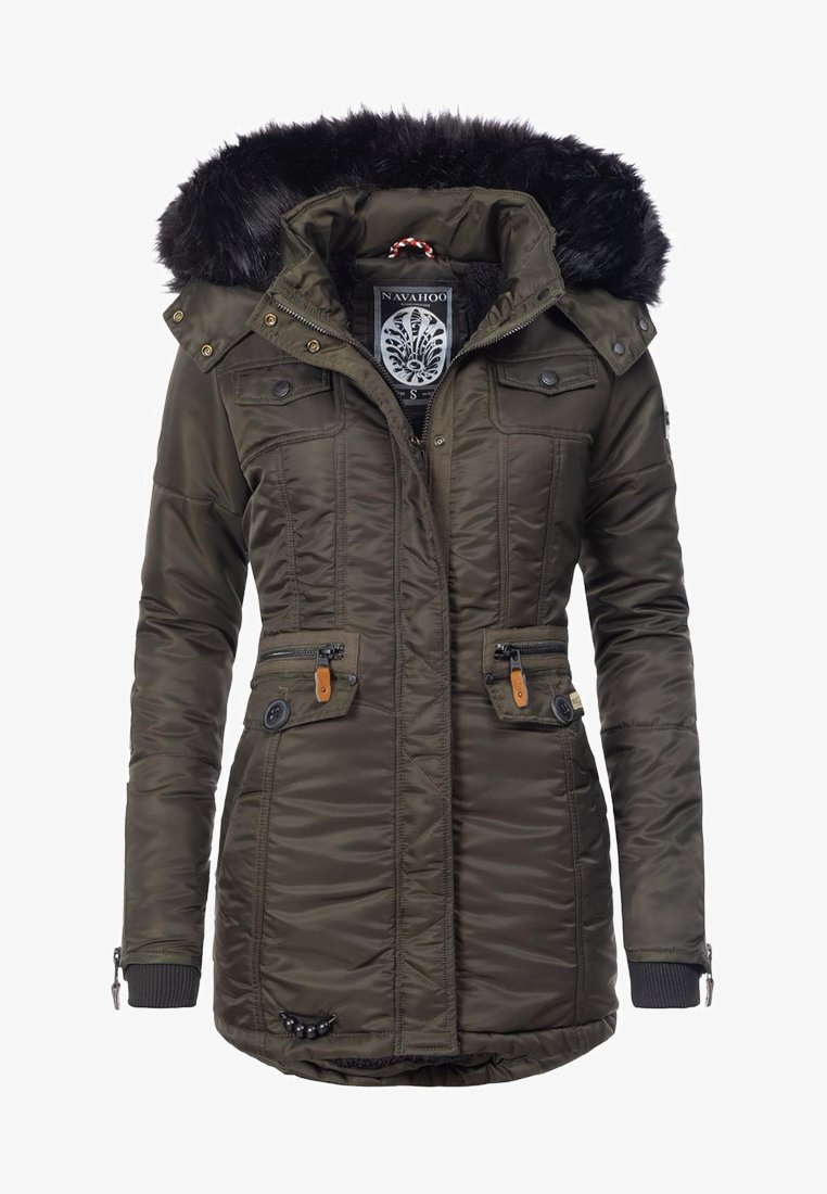 Olive green parka jacket with faux fur hood. Features zippered pockets, button accents, and quilted texture. Includes ribbed cuffs.