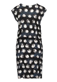 Robe noire sans manches avec un décolleté rond, une coupe semi-ajustée, et un imprimé circulaire blanc avec des accents bleus sur tout le tissu.