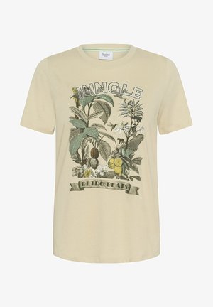 Beżowa koszulka z nadrukiem o tematyce dżungli, przedstawiającym duże liście, kwiaty, cytryny, kolibra oraz małpkę, z napisami "Jungle" i "Retro Beats".